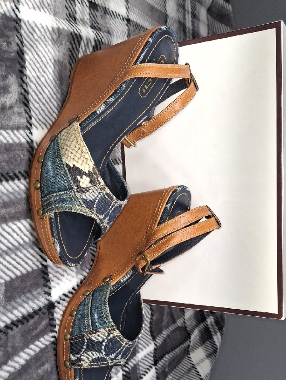 Vintage Coach Denim Patch Espadrille Wedges - Brown/Blue - Picture 5 of 17